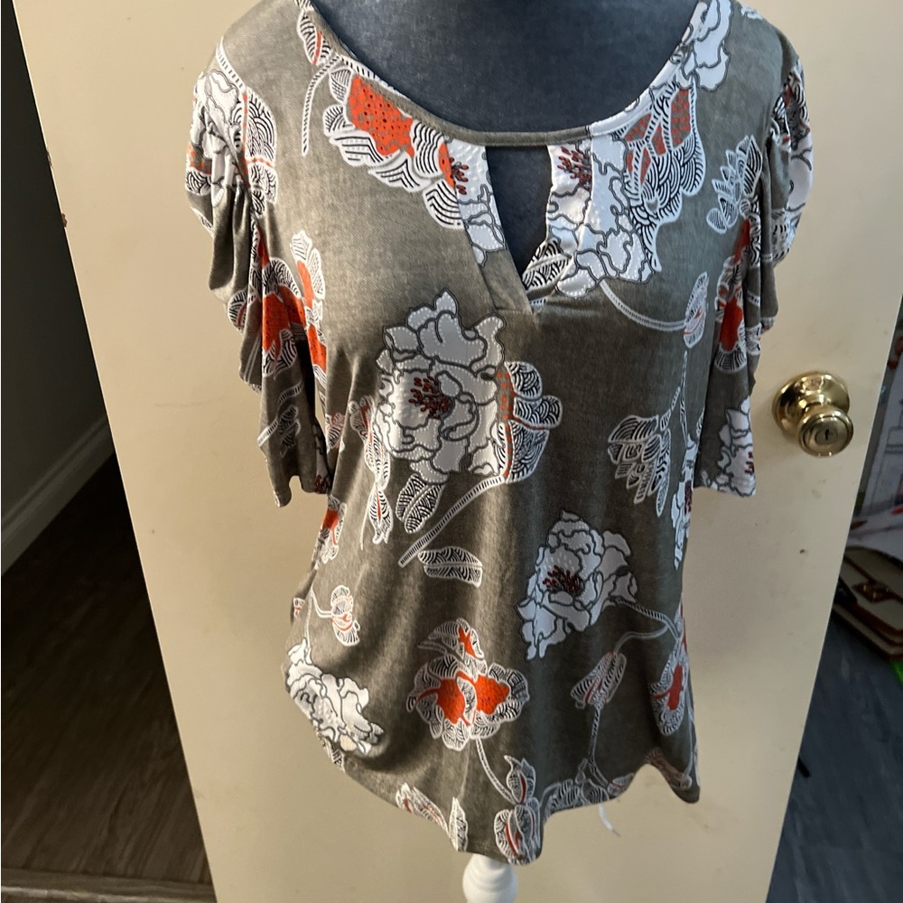 Floral Print Women's Top - Gray and Orange